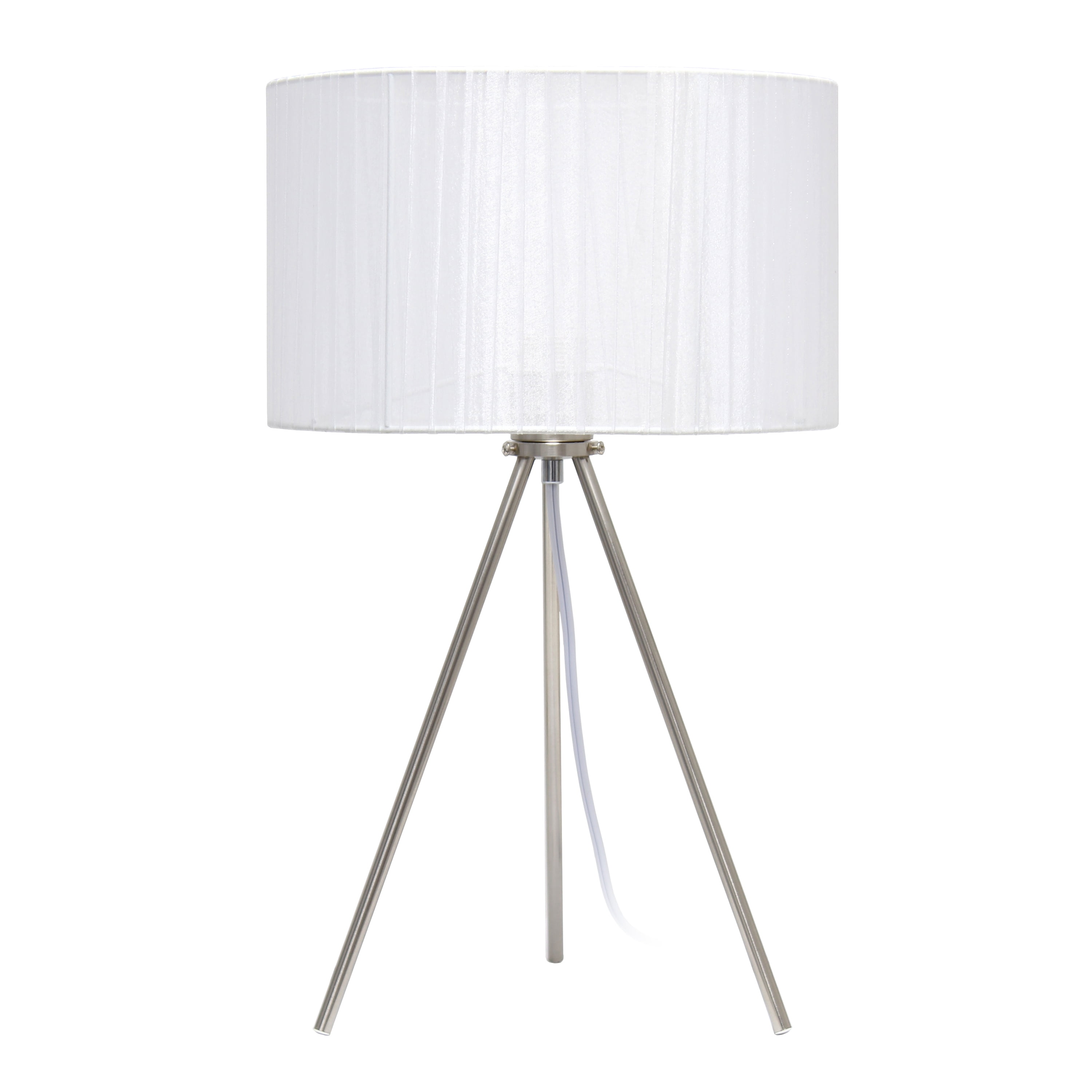 Simple Designs 19.69" Brushed Nickel Tripod Table Lamp and Pleated Silk Sheer Shade with LED Bulb, White