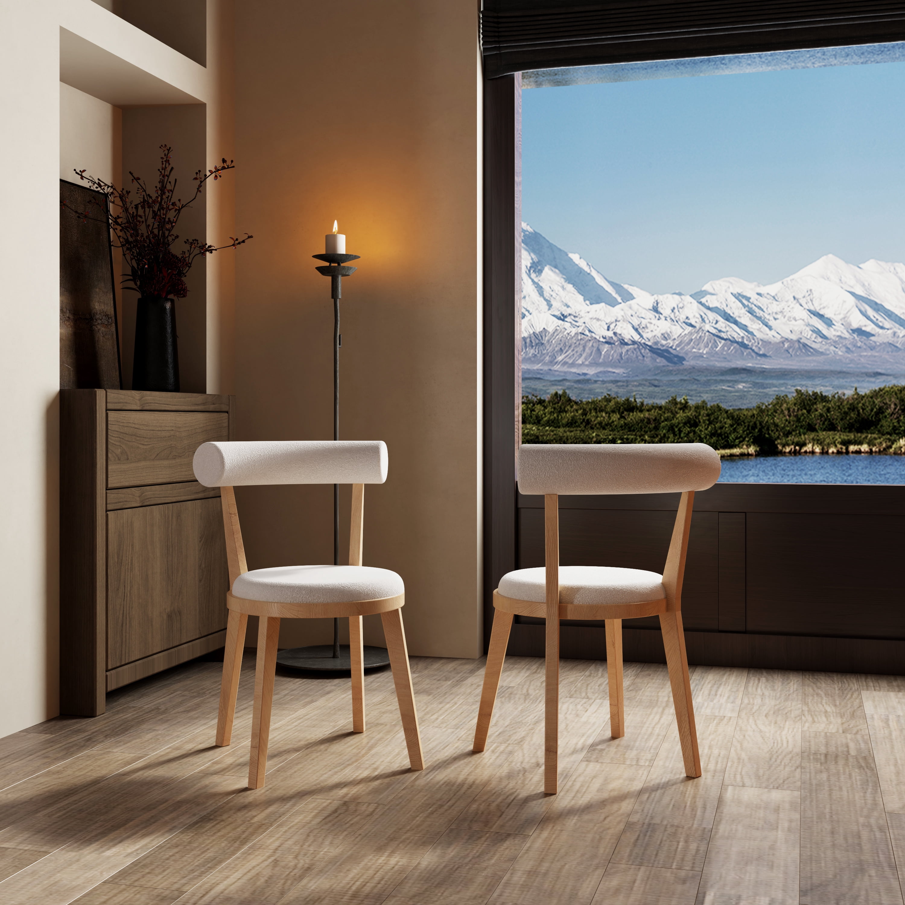 Upholstered Dining Chair, Set of 2 with Thick Padded Seat and Rubberwood Frame, Beige Fabric for Modern Dining Room Kitchen