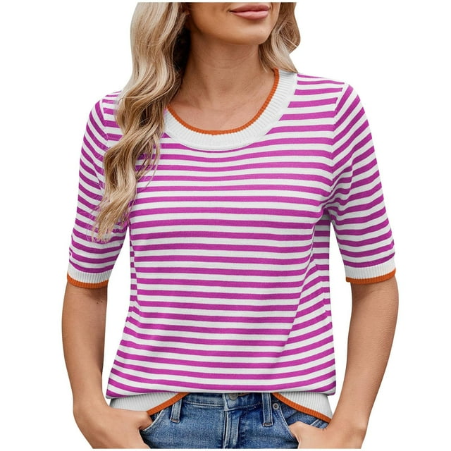 Pisexur Hauts de Printemps pour Femmes 2025, Hauts d'Entraînement pour Femmes, Hauts pour Dames Blouses à Manches Courtes Rayées Col Rond Mode Décontractée Rose Vif, m