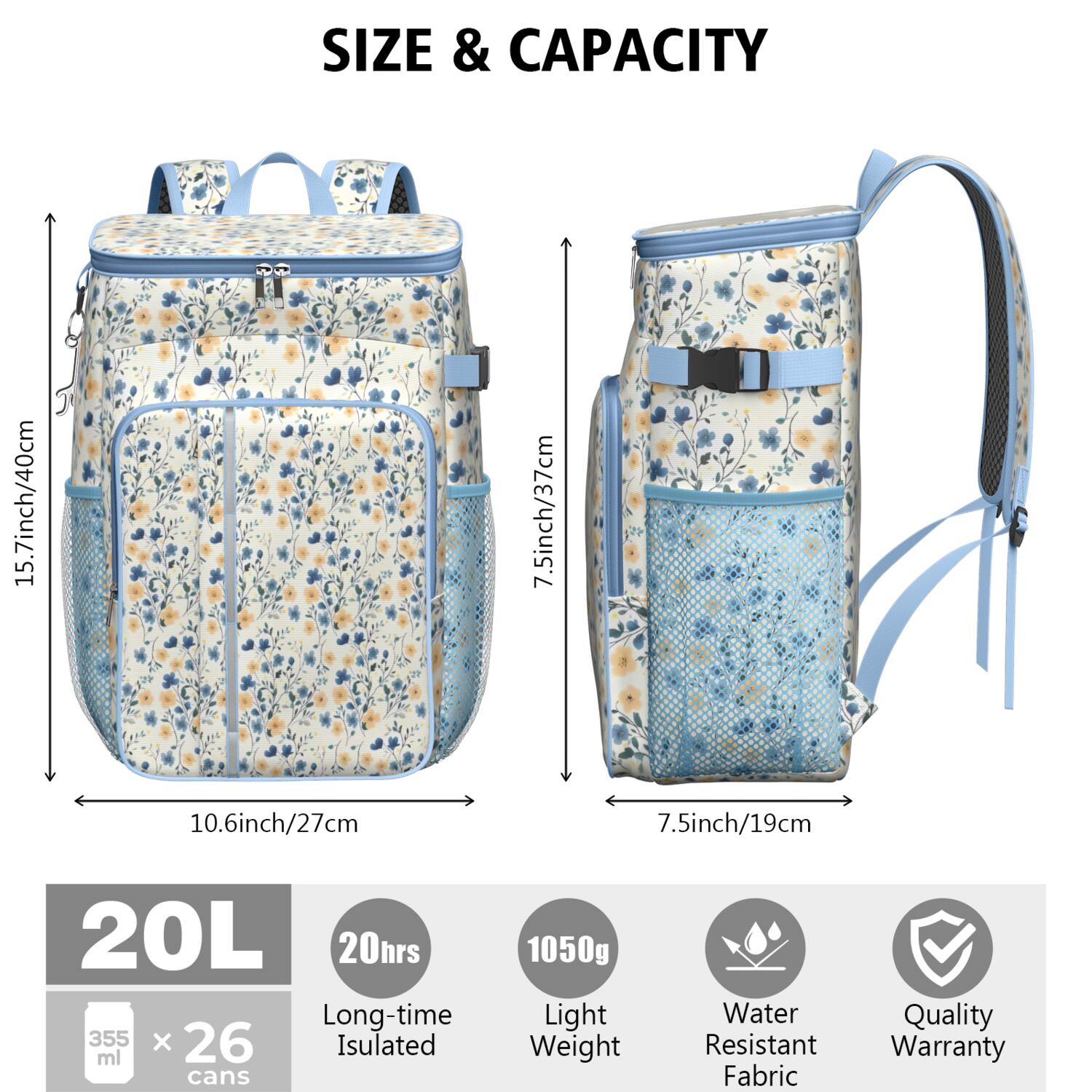 Travel Cooler Bag - Pioneer Flower Floral Print Pattern Camping Beer Cooler Backpack with Bottle Opener- Waterproof Insulated Picnic Backpacks - Cooler Bag for Beach