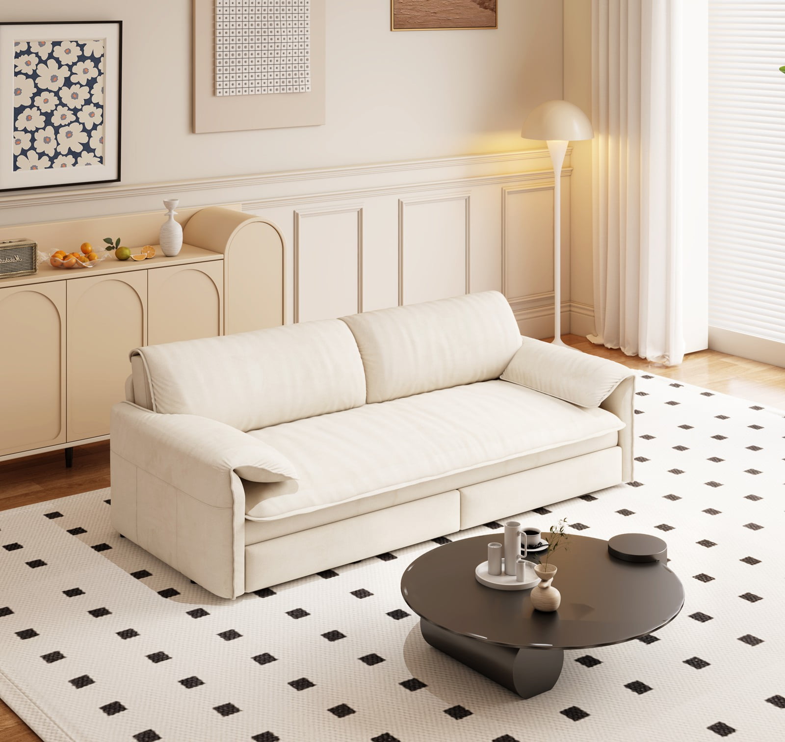 66" Futon Sofa Bed Queen Size, Pull Out Bed, 3-in-1 Convertible Sleeper Sofa with Side Pocket, Modern Velvet Futon Couch for Living Room, Small Space, Apartment, Bedroom, Beige