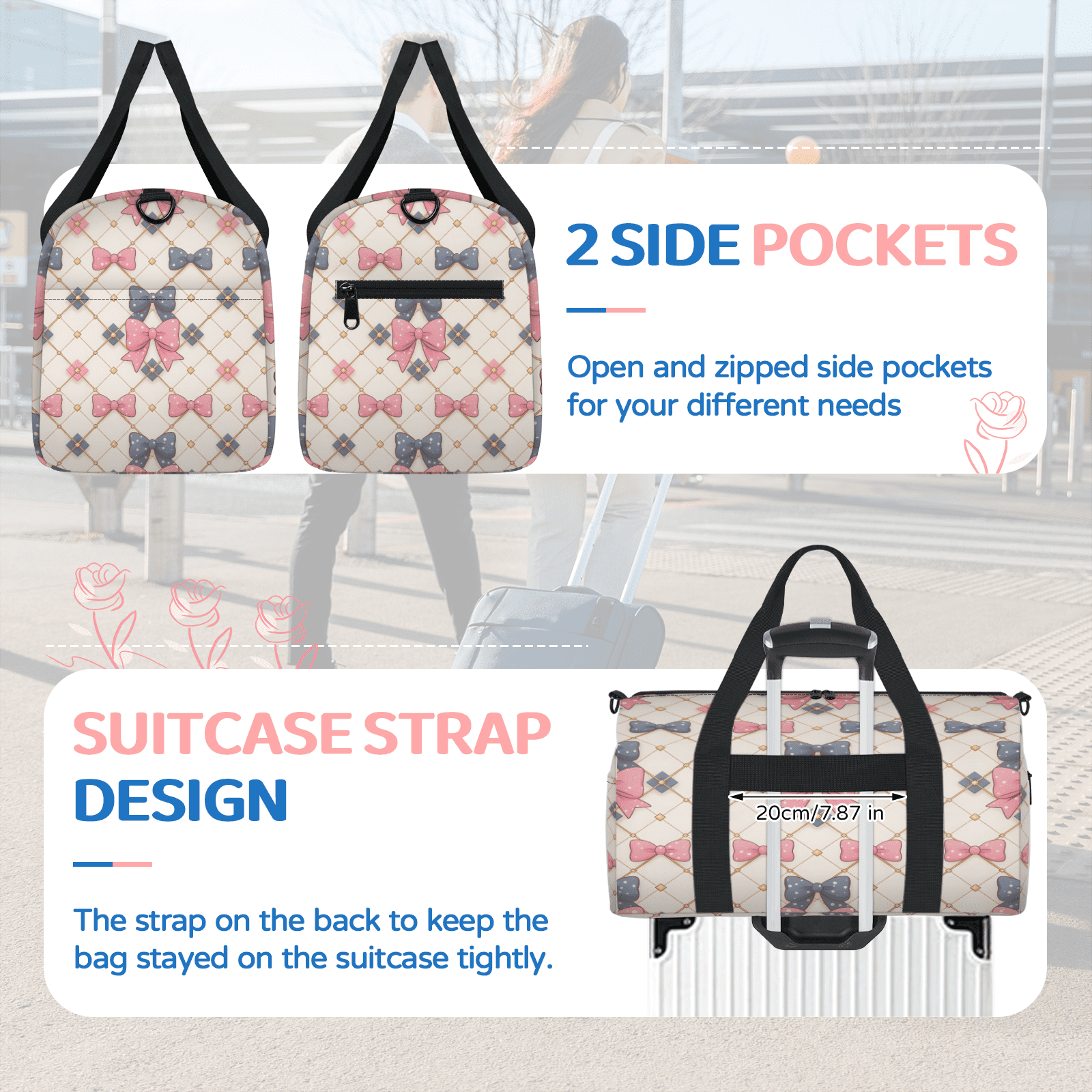 Herdesigns Boho Bow Gym Bag for Women, Duffle Bag for Travel Sport, Lightweight Waterproof Carry on Weekender Dance Yoga Workout Bags
