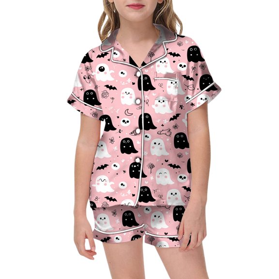SUXIAN Girls Halloween Pajama Set Short Sleeve Button Up Top with Shorts and Pockets Cute Comfortable Sleepwear for Kids Halloween Pajamas Kids Pink 12-13 Years
