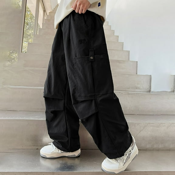 ATOGUTA Boys Cargo Pants Casual Baggy Elastic Waist Workout Sweatpants Joggers Size 5T-15, Black