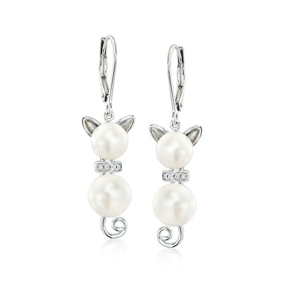 Ross-Simons 7.5-9mm Cultured Pearl and Diamond-Accented Cat Drop Earrings in Sterling Silver, Women's, Adult