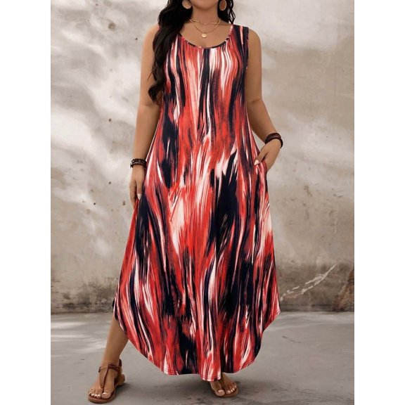 Multicolor Plus Size Summer Casual Ombre Red Sleeveless Maxi Dress