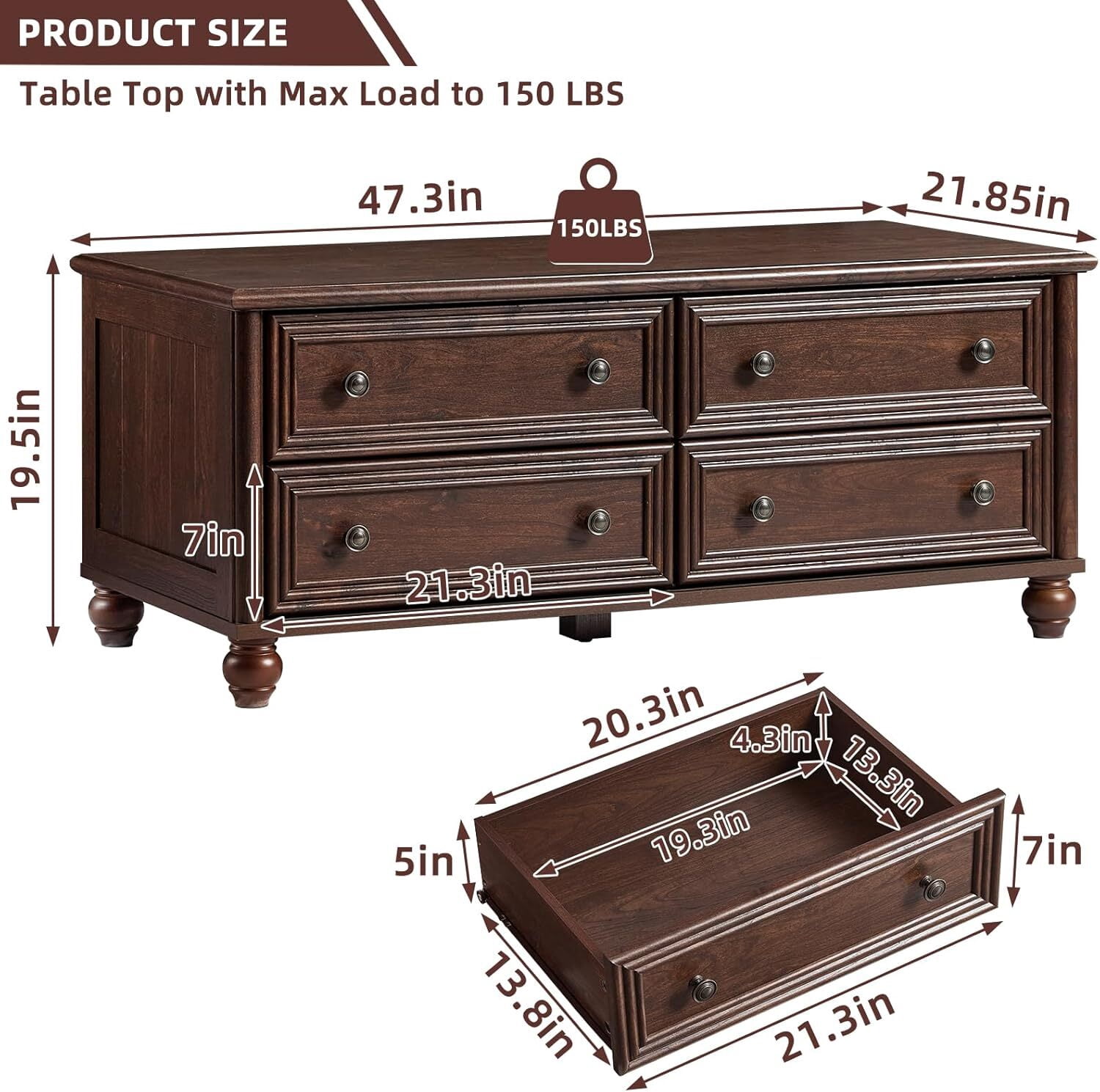 Leyaoyao Farmhouse Coffee Table with Drawers, Rectangular Rustic Center Table with Hidden Storage for Living Room, Office, Walnut