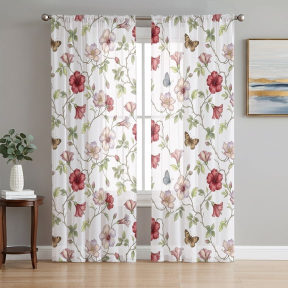 Spring Floral Sheer Curtains 72 Inch Length 2 Panels Set, Flowers Elegant Pastoral Watercolor Voile Window Treatment Rod Pocket Curtains Sheers Drapes for Bedroom/Living Room/Kitchen 52"x72"x2