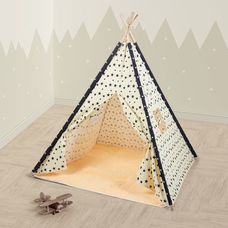 DUKE BABY Kids Teepee Tent Cotton Canvas Tent for Kids and Pets for Indoor Outdoor with Tent Mat Holiday Gift for Kids Age 2-12 White Stars