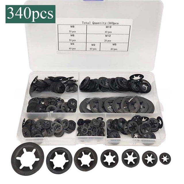 340-Piece Hardened Steel Star-Shaped Lock Washers Set - 7 Sizes Internal Tooth Locking Gaskets, GB96-85 Standard, Durable Bearing Fixture Retaining Rings for Mechanical Repair & DIY Projects