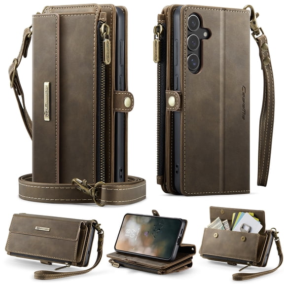 for Samsung Galaxy S25 FE Wallet Case with RFID Blocking Card Slots Zipper Pocket, PU Leather Kickstand Full Body Rugged Protection Shoulder & Wrist Strap Heavy Duty Shockproof Cover, Coffee