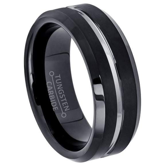 Jewelry Avalanche 2-Tone Mens Black Tungsten Carbide Wedding Band Silver Center-Grooved Trim, Beveled Edge Anniversary Ring size 15