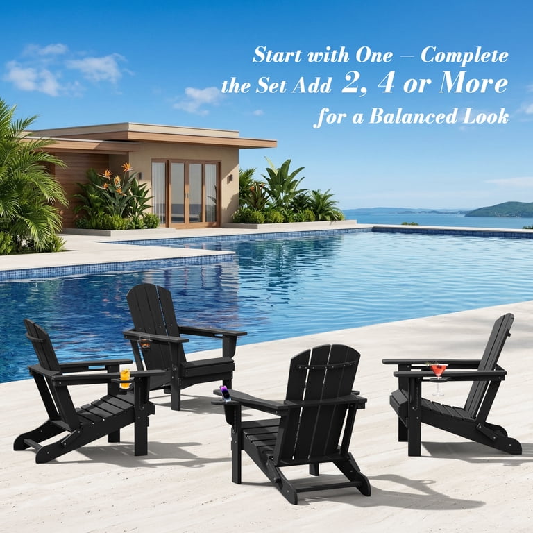 SERWALL, Folding Adirondack Chair, Black, All-Weather HDPE, Set of
