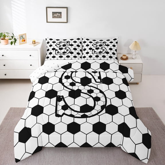 Homewish Boys Honeycomb Abstract Bedding Comforter Set, Monogrammed S Twin Comforter Sets, Black White Initial Letter Reversible Bedding Set, Super Cozy Room Decor, 2-Piece