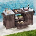 thumbnail image 3 of 66.5" Outdoor Grill Cart, Solid Wood Kitchen Island with Stainless Steel Top, Drawer, Compatible with up to Large Big Green Egg, Kamado, Joe for Barbecue Outdoor Gathering（Brown ）, 3 of 10