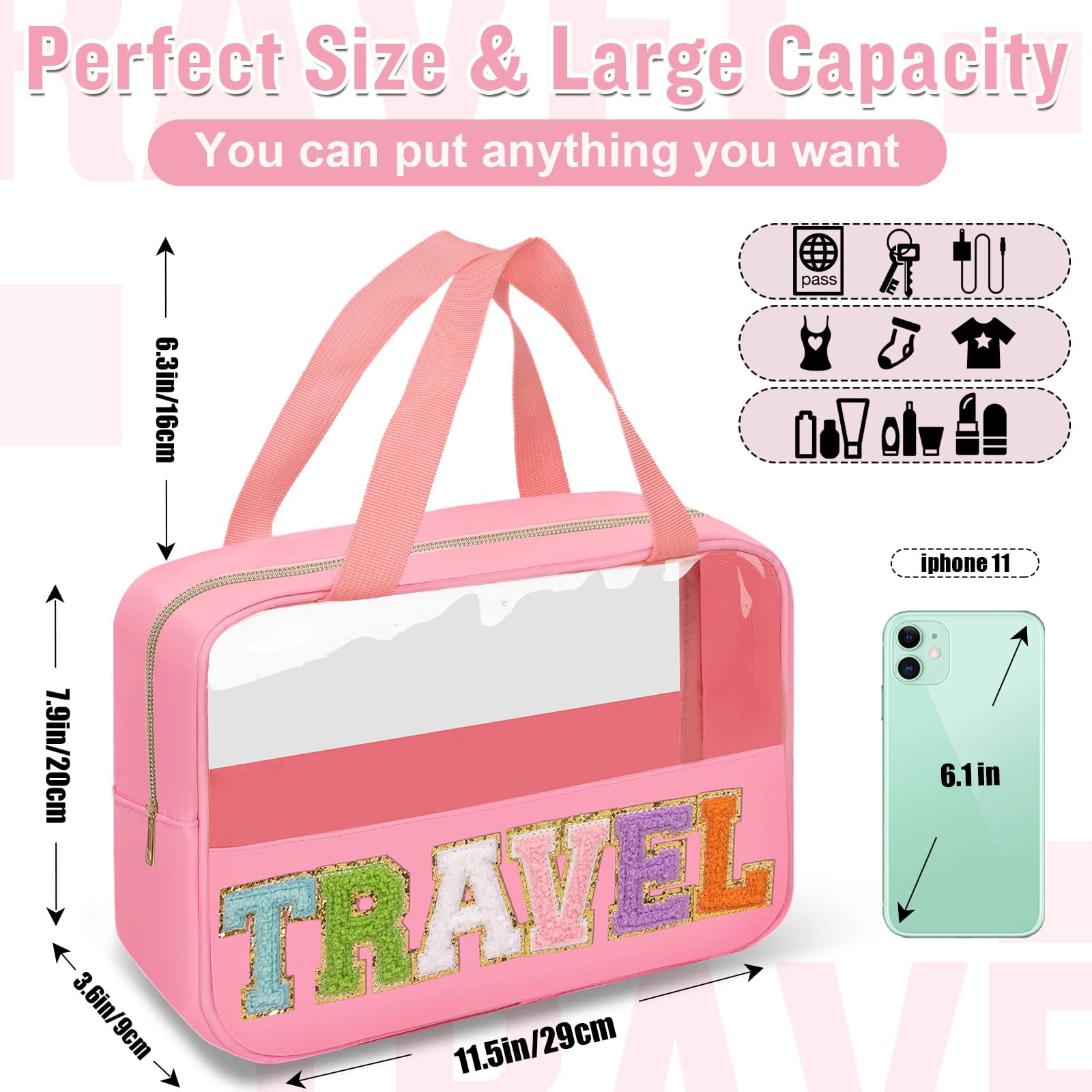 Clear Small Makeup Bag with Zipper, Nylon&PVC Cosmetic Travel Bag Preppy  TSA Approved Toiletry Bag for Women Girls, Transparent Waterproof Makeup