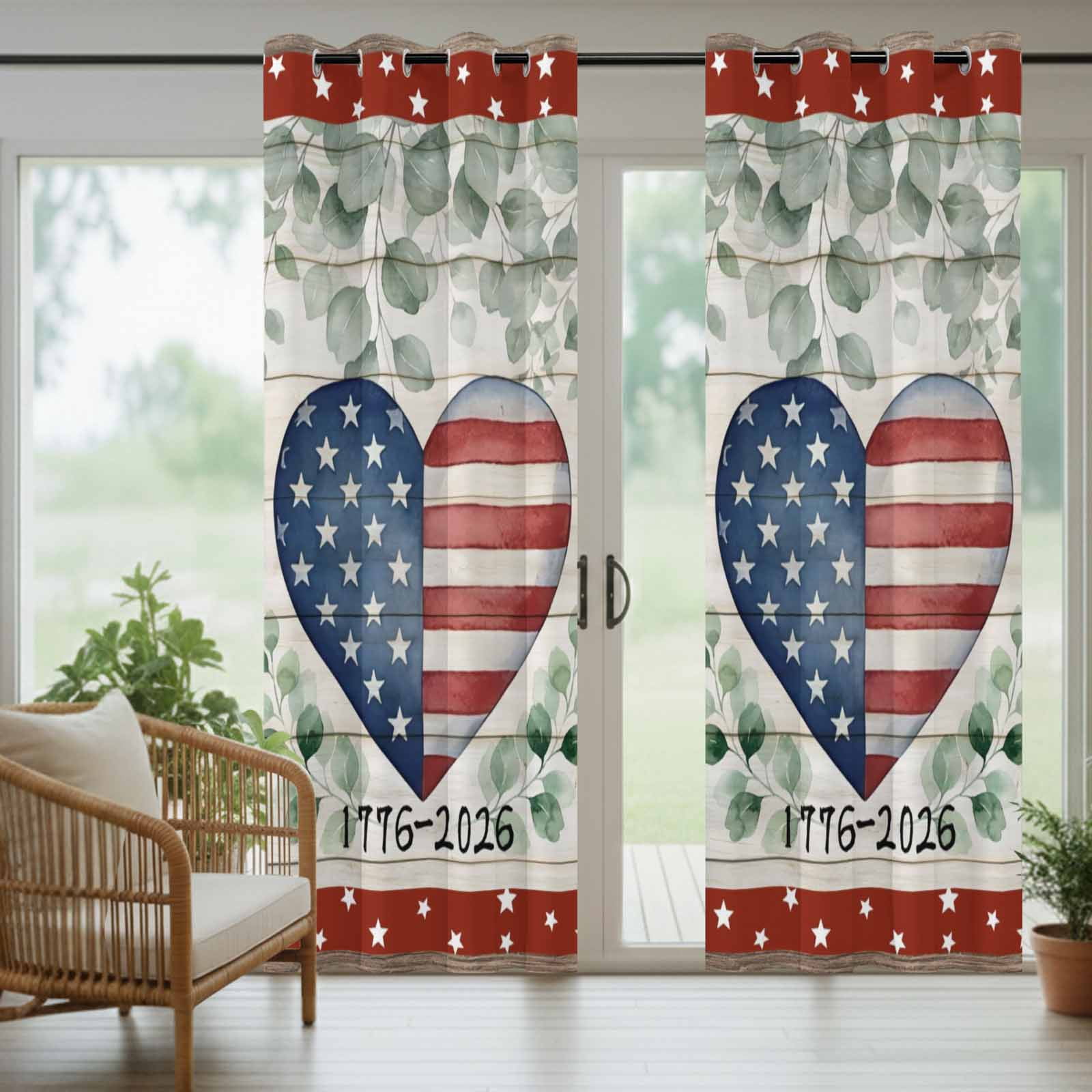 Independence Day Love Heart Outdoor Curtains for Patio, Red Blue Star Stripe Eucalyptus Leaves Sunshade Privacy Drapes Grommet Waterproof Outside Curtains for Porch/Cabana/Balcony 54"x 108", 1 Panel