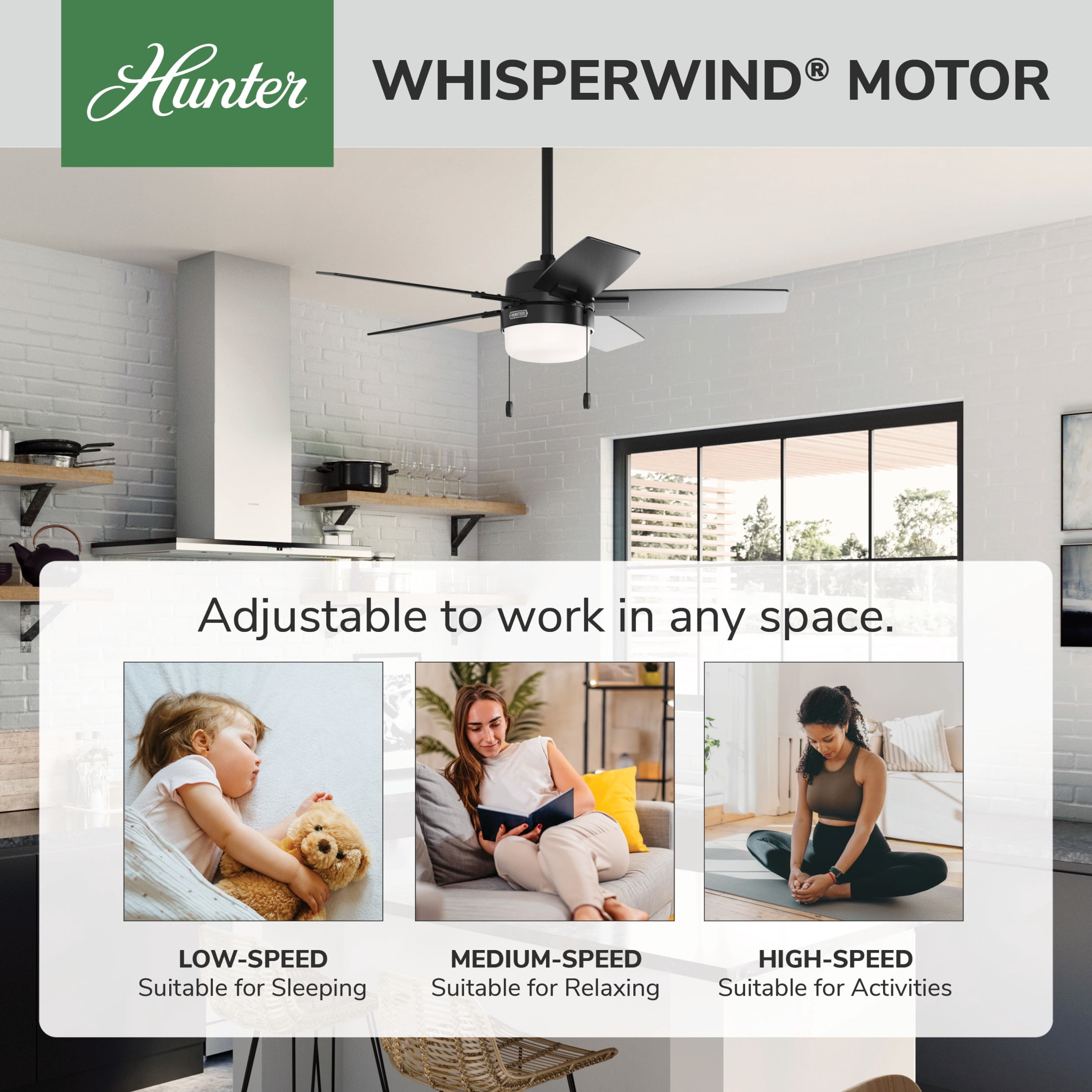 Hunter - Anisten Indoor Ceiling Fan With Light, 44-inch, Matte Black, Modern-style, 3-speed WhisperWind Motor, 52486, for Living Rooms, Bedrooms