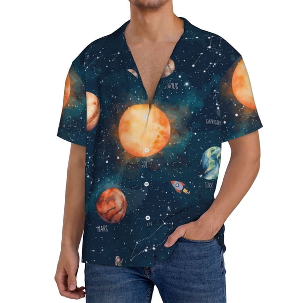 Fotbe Solar System And Planets Camisa Estampada de Manga Corta para Hombre, Casual de Verano, Estilo Playero, Sin Arrugas-X-Large