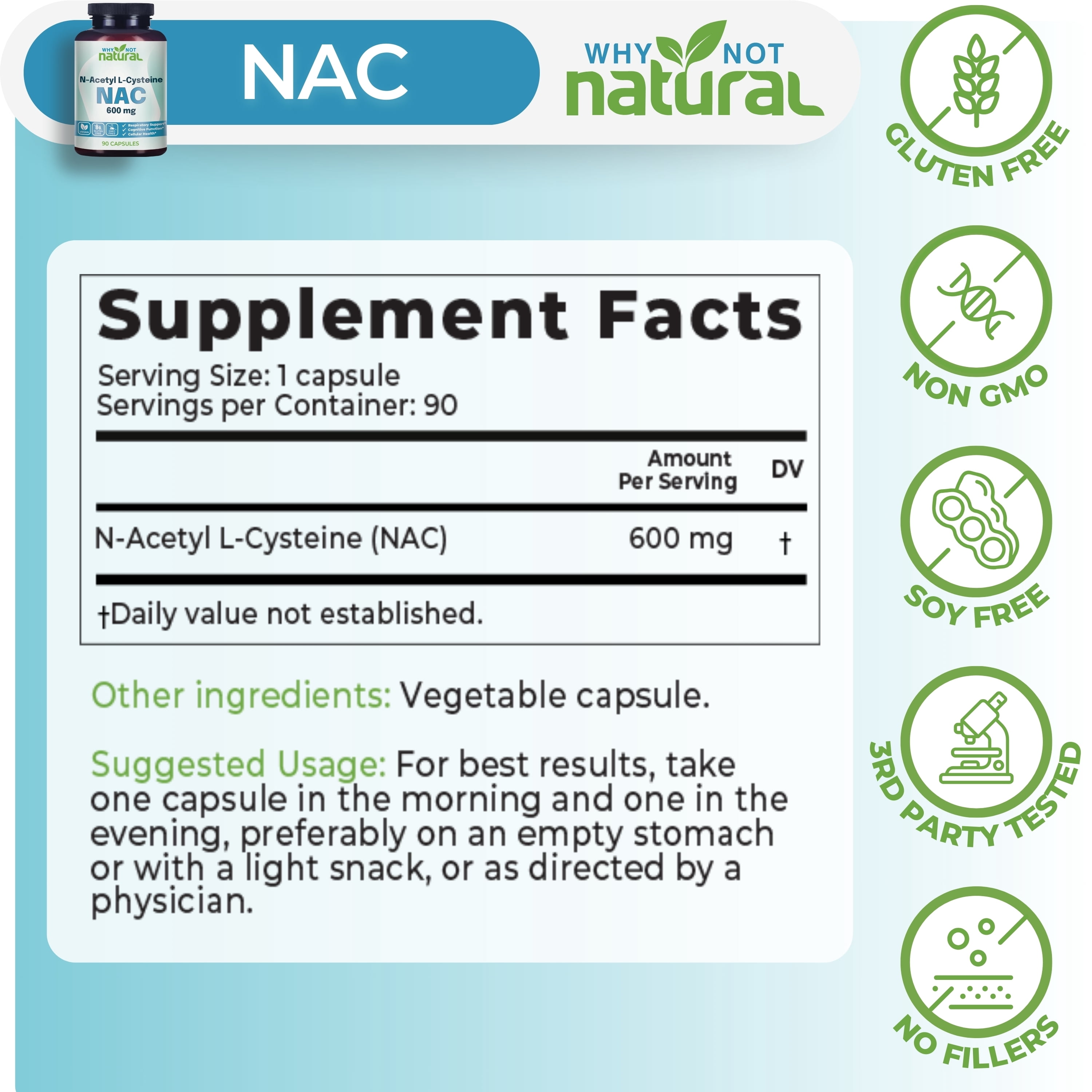 Why Not Natural NAC Supplement 600 mg, N-Acetyl Cysteine Capsules, Pure N-Acetylcysteine, No Filler