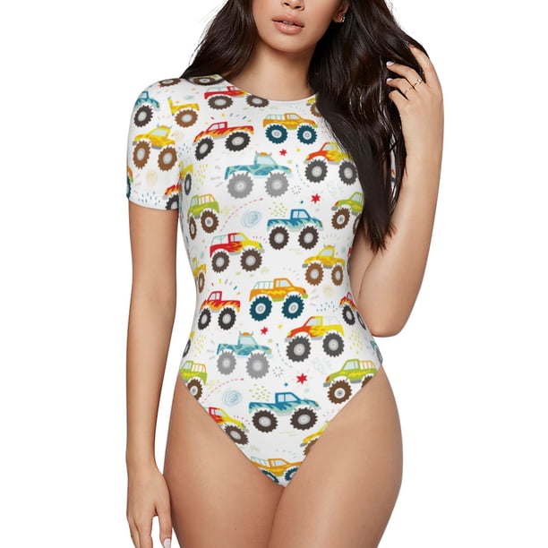 Fotbe Cartoon Monster Trucks Body de Mujer con Cuello Redondo y Mangas Cortas, Sin Mangas Ajustado, Suave, Cómodo y Básico-X-Large