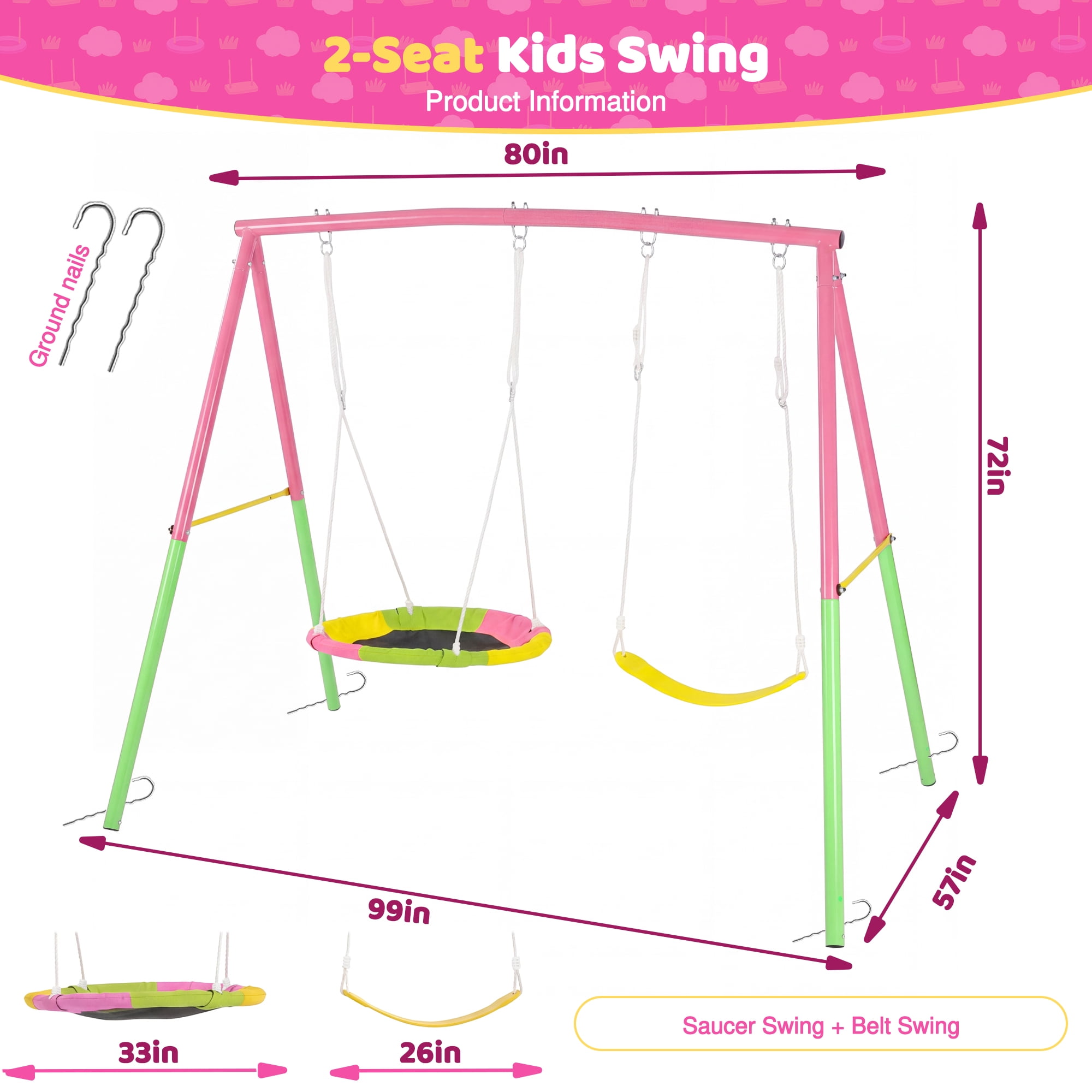 330lbs Heavy-Duty A-Frame Swing Set, Outdoor Metal Swing Stand with 32" Saucer Swing and Belt Swing Seat for Backyard Garden Patio