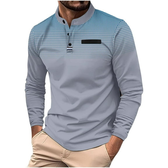 USNSM Men's T-Shirt Casual Fashion Plus Size Polka Dot Printed Slim Fit Tennis Shirt Stand Collar Button Long Sleeve Pullover Tees Gray 3XL