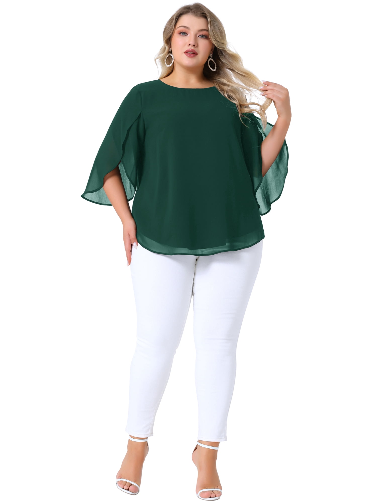 DARING DIVA Women's Plus Blouses with Flutter Petal Half Sleeve Chiffon Top 2X Dark Green
