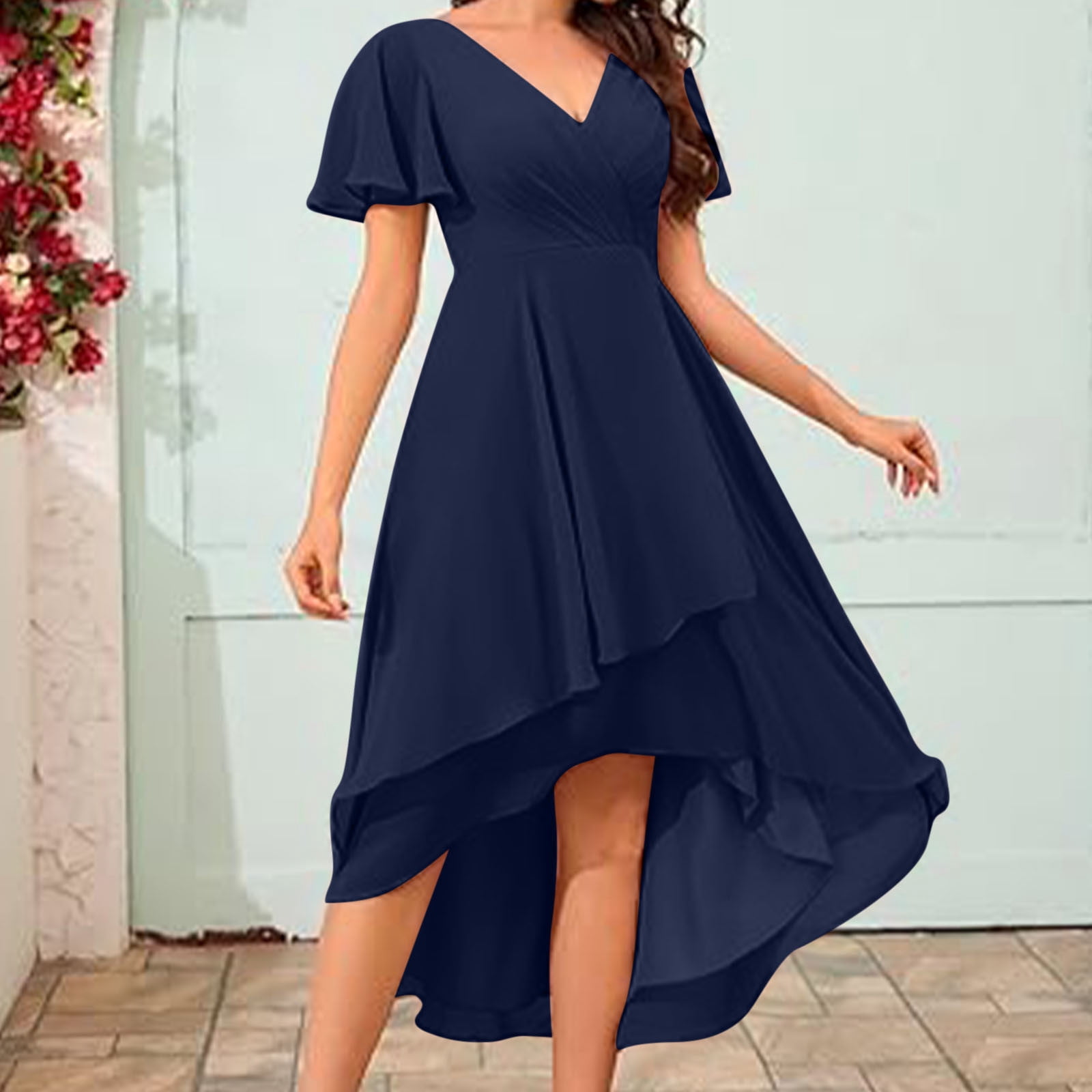 gljltg Women's Solid Color Ruffle Sleeves Pleated V-neck A-line Mid Length Short Sleeve Dress for Women, Girl, Spring, Summer, Suitable for Casual, Daily, Birthday, Dating, Dance
