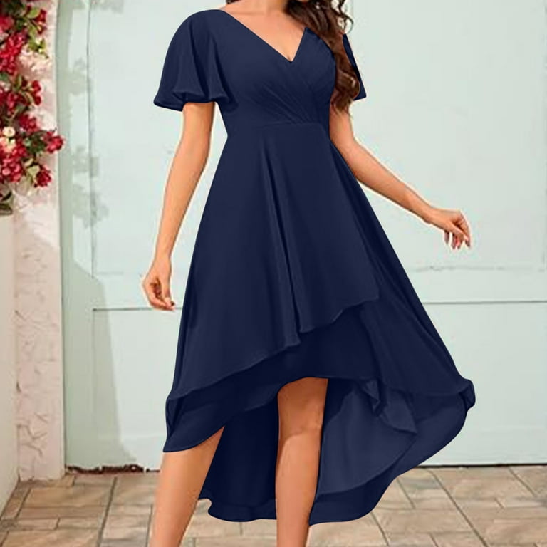 Enjoytime Wedding Guest Dresses for Women V-Neck Ruffle Short Sleeve  Pleated A-Line Midi Dress High Low formal Party Summer Dress - Walmart.com