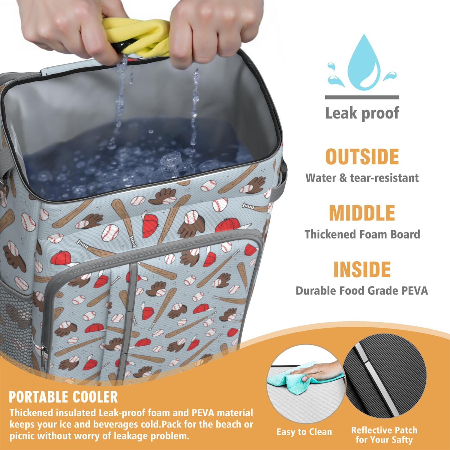 Travel Cooler Bag - Blue Baseball Gear Pattern Camping Beer Cooler Backpack with Bottle Opener- Waterproof Insulated Picnic Backpacks - Cooler Bag for Beach