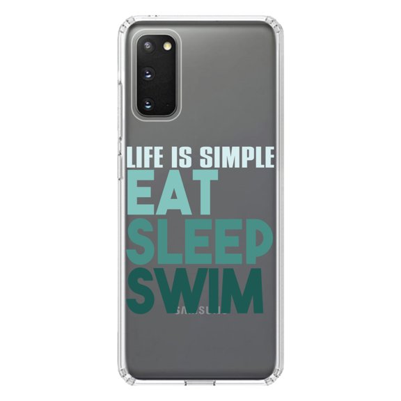DistinctInk Clear Shockproof Hybrid Case for Galaxy S20 / S20 5G (6.2" Screen) - TPU Bumper Acrylic Back Tempered Glass Screen Protector - Life Is Simple Eat Sleep Swim