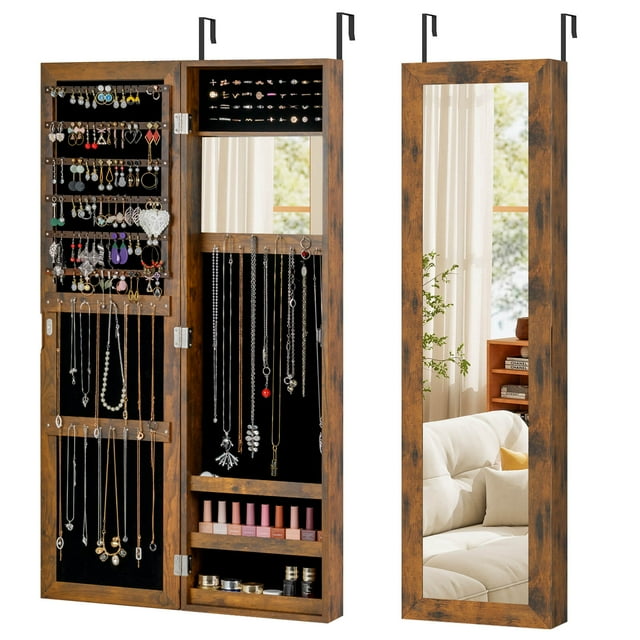 Costway Armoire à Bijoux Murale, Armoire à Bijoux Suspendue à la Porte avec Miroir Pleine Longueur, Brun Rustique