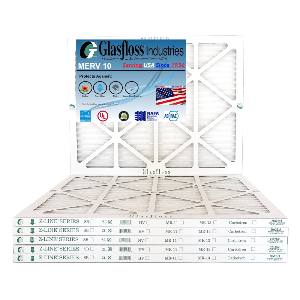 Glasfloss 20x25x1 MERV 10 Qty6 Furnace Air Filter Made in USA