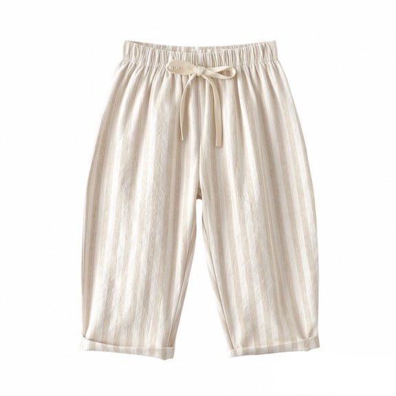 Classic Casual Pants for Boys and Girls, Thin Cotton Line Stripe Elastics Waist Spring Summer Trousers Toddler Long Pants Beige