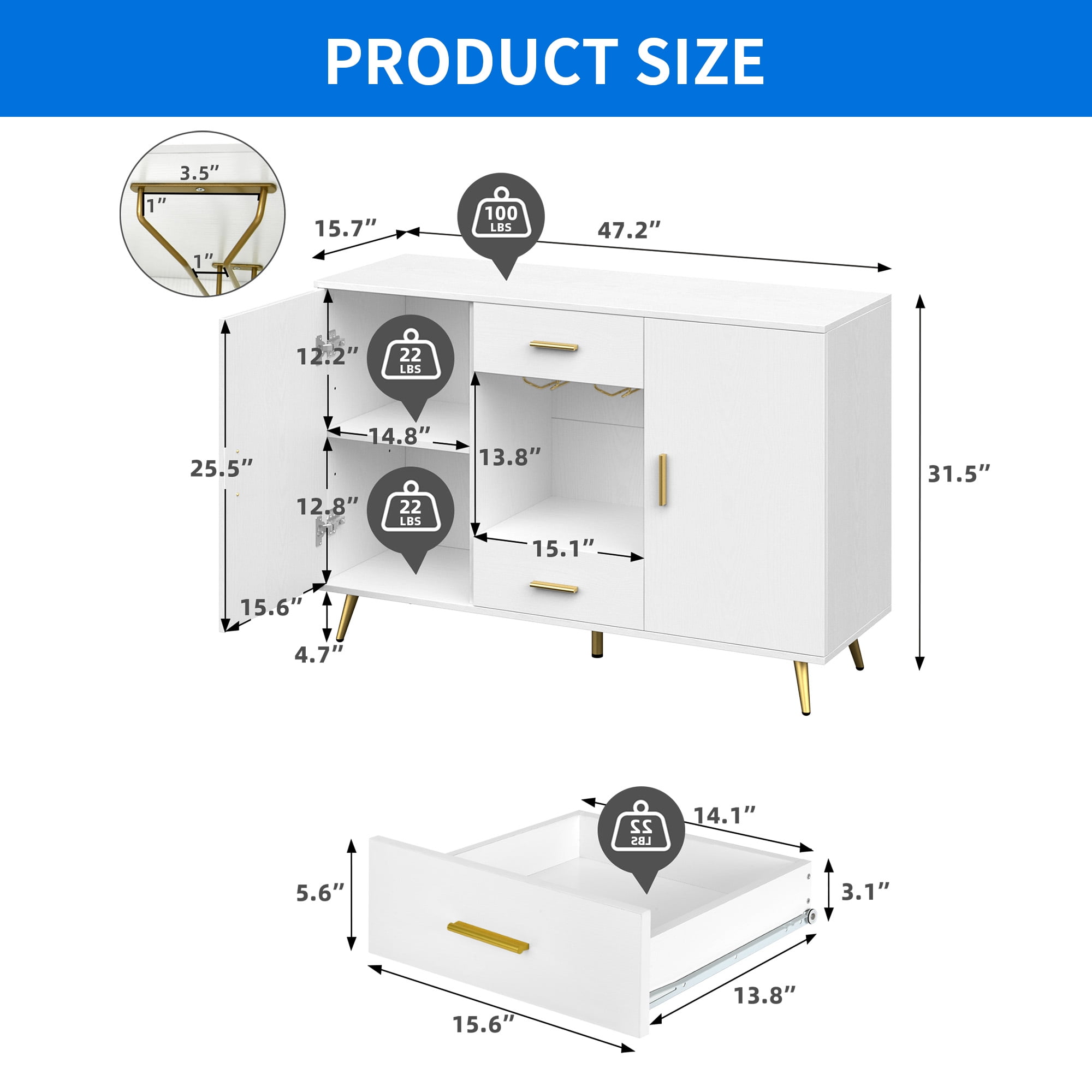 DEXTRUS Sideboard Storage Cabinet with Doors & Drawers, Coffee Bar Cabinet, Kitchen Buffet with Adjustable Shelf, Wine Glass Holder, White