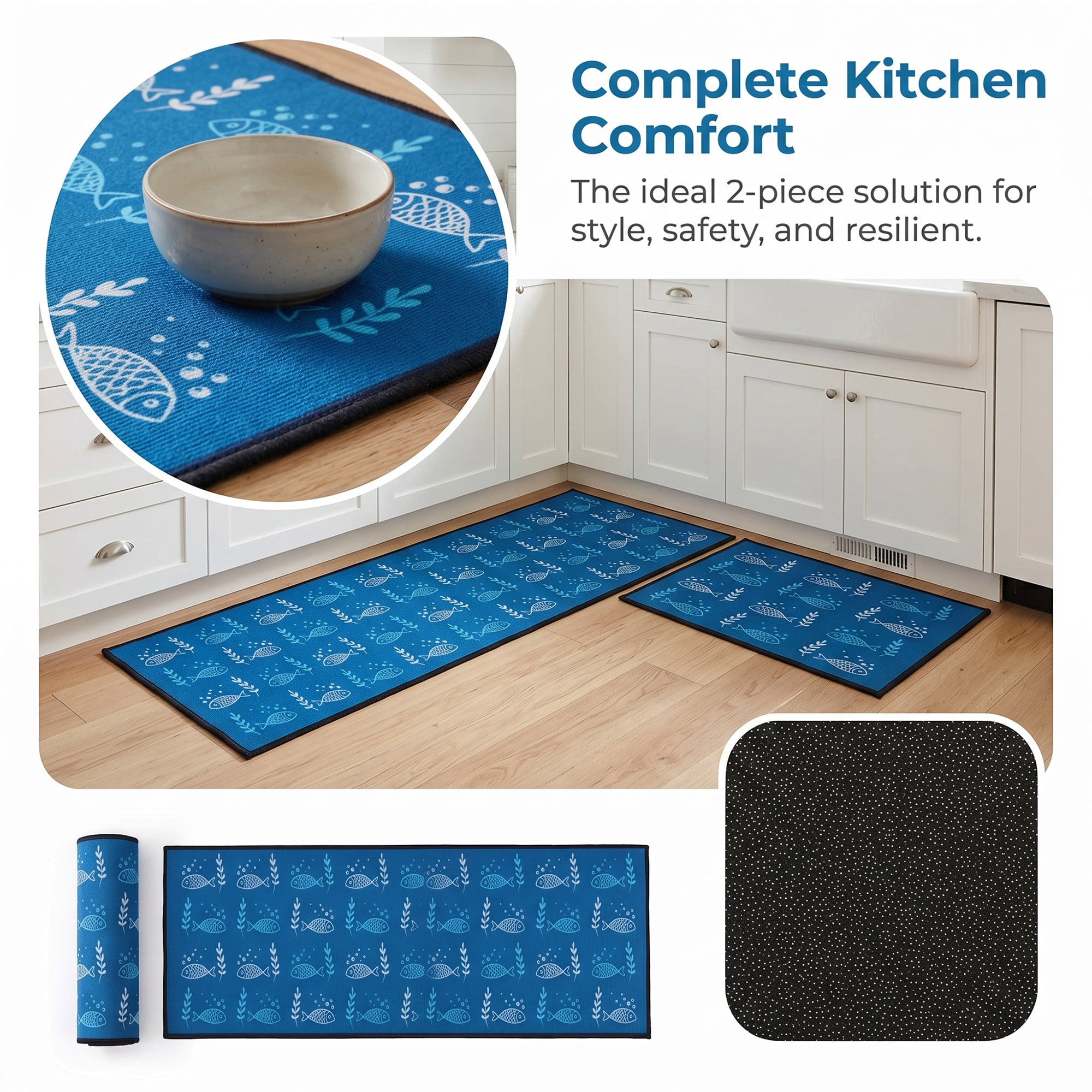 Unique Bargains Non Slip Fish Floral Printed Kitchen Rugs and Mats Blue 31"x19"+47"x19"