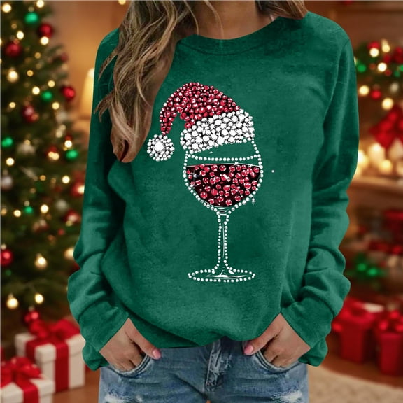 QUINDOS Womens Tops Christmas Crewneck Long Sleeve Vacation Graphic Womens Sweatshirts Christmas Gifts