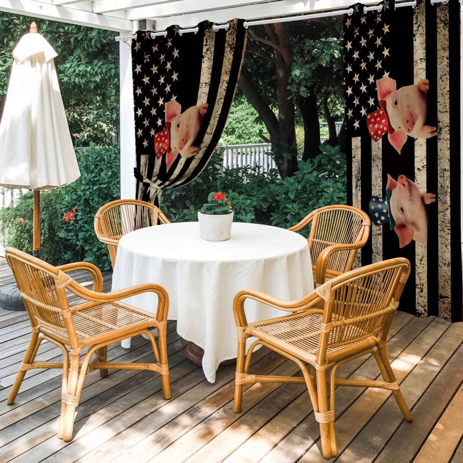 Independence Day Outdoor Curtains for Patio, Retro Five-Pointed Star U.S. Flag Farm Funny Pigs Sunshade Privacy Drapes Grommet Waterproof Outside Curtains for Porch/Cabana/Balcony 54"x 108", 1 Panel