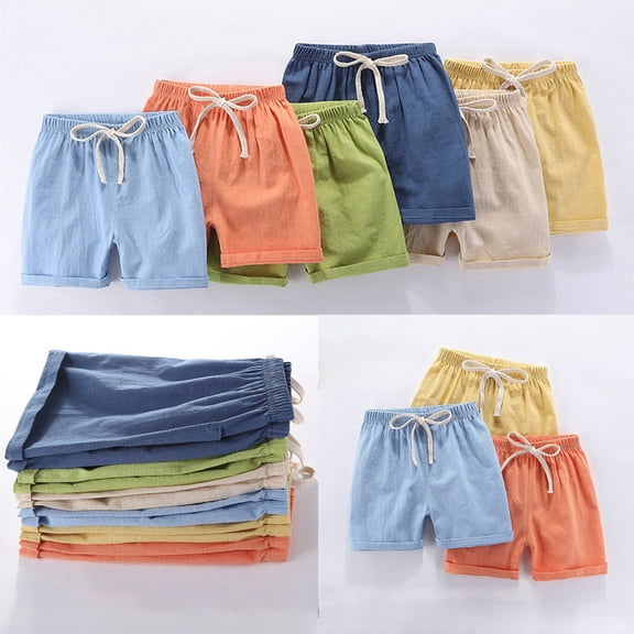 MKOSPLRT Cotton Linen Shorts for Kids 2Y-7Y Elastic Waist Drastring Summer Shorts Solid Lounge Bermuda Shorts Beach Vacation Shorts with Pocket