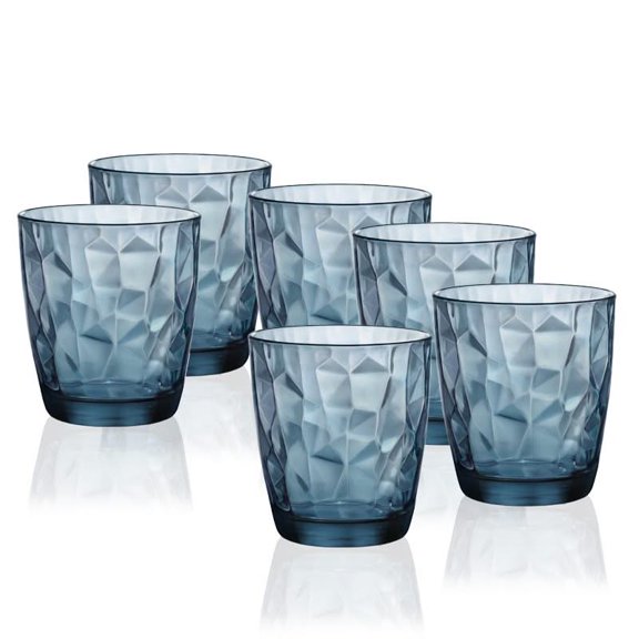 Set 6 Vasos Vidrio Italiano Old Fashioned, Colección Diamond Bormioli, Vasos para Agua, Cocteles, Licores o Bebidas en las Rocas, Capacidad 385 Ml, Color Azul