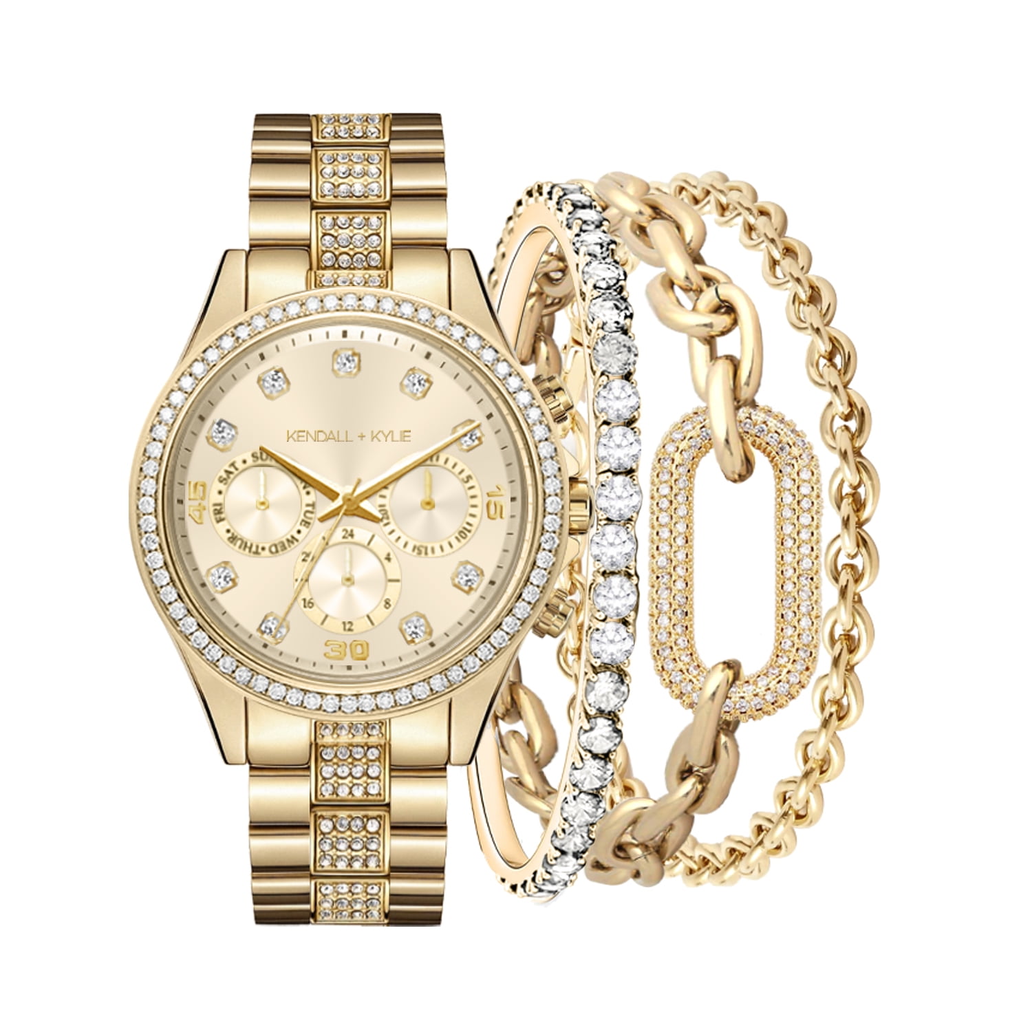 Kendall + Kylie Quartz Movement Crystal Bezel Gold Watch with 3 Bracelet Set