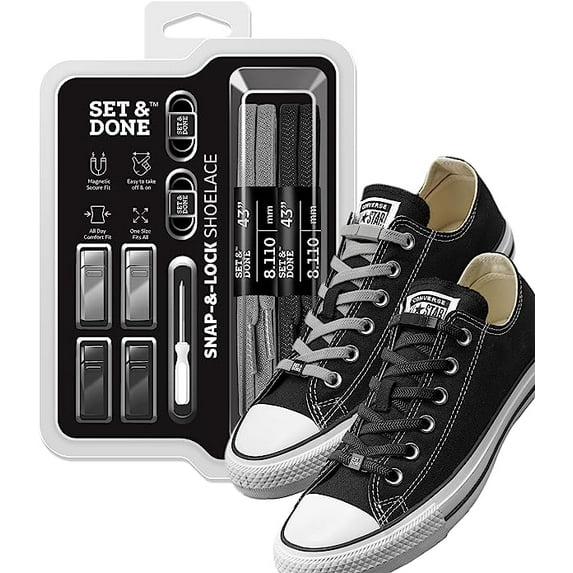 Set & Done Magnetic Shoelaces- No Tie Elastic Shoe Laces Tieless Quick Lock For Adults Kids Sneakers (White + Grey, Pack of 2)