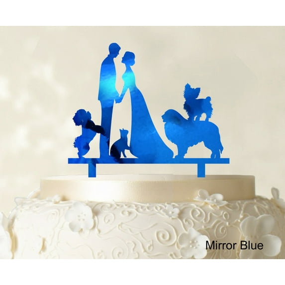 "Couple Wedding Cake Topper With Pets Silhouette Wedding Topper Cake Decorations Color Option Available 6""-7"" Inches Wide"
