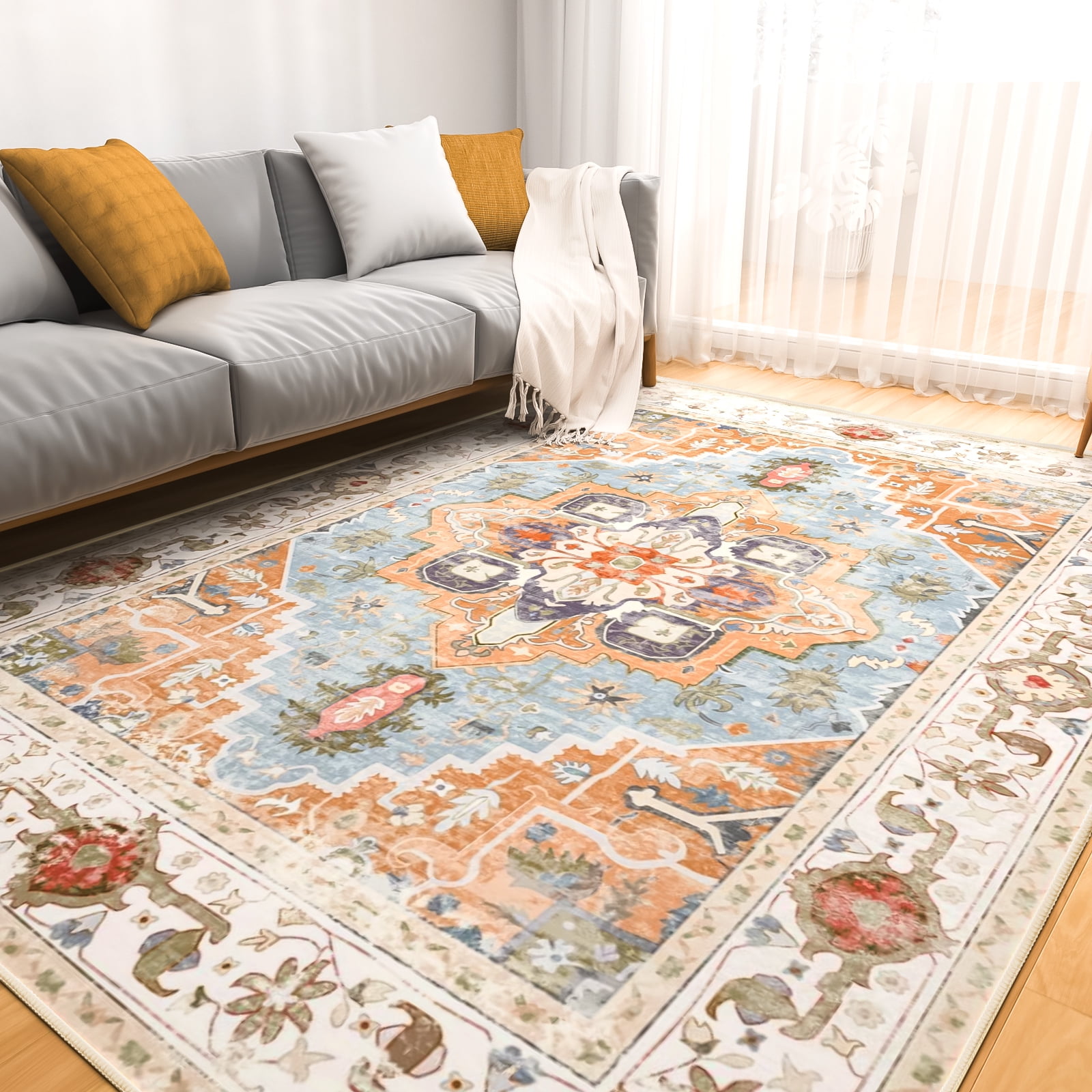 Cshidworld 8x10 Washable Area Rug - Large Soft Rugs for Living Room, Vintage Rug Foldable Non Slip Carpet Floral Print Mat Bedroom Living Room Kitchen Office, Easy-Cleaning