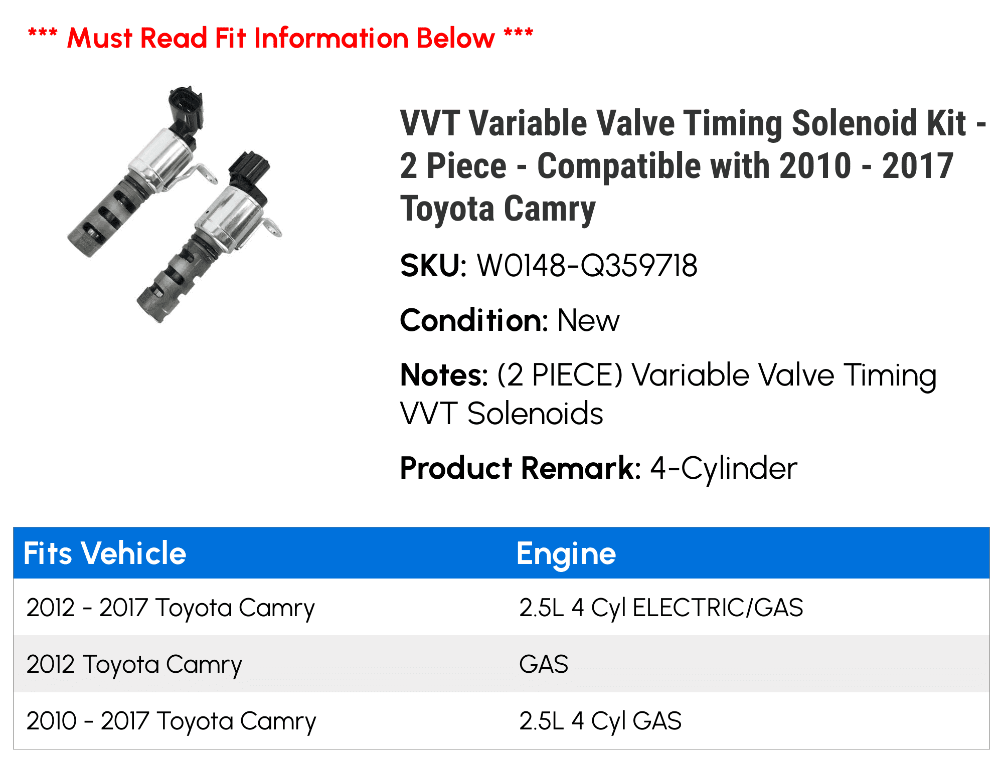 VVT Variable Valve Timing Solenoid Kit - 2 Piece - Compatible with 2010 - 2017 Toyota Camry 2011 2012 2013 2014 2015 2016