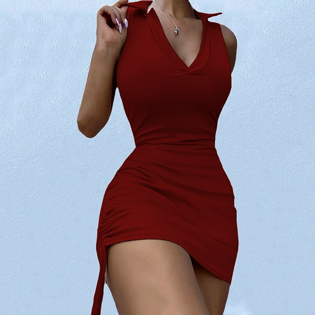 Gspmoly Robes Grande Taille pour Femmes aux Formes, Robe Sans Manches pour Femmes Robe à Col Rabattu Robe Unie Décontractée Robes de Soirée pour Femmes jusqu'à 70 % de Rabais