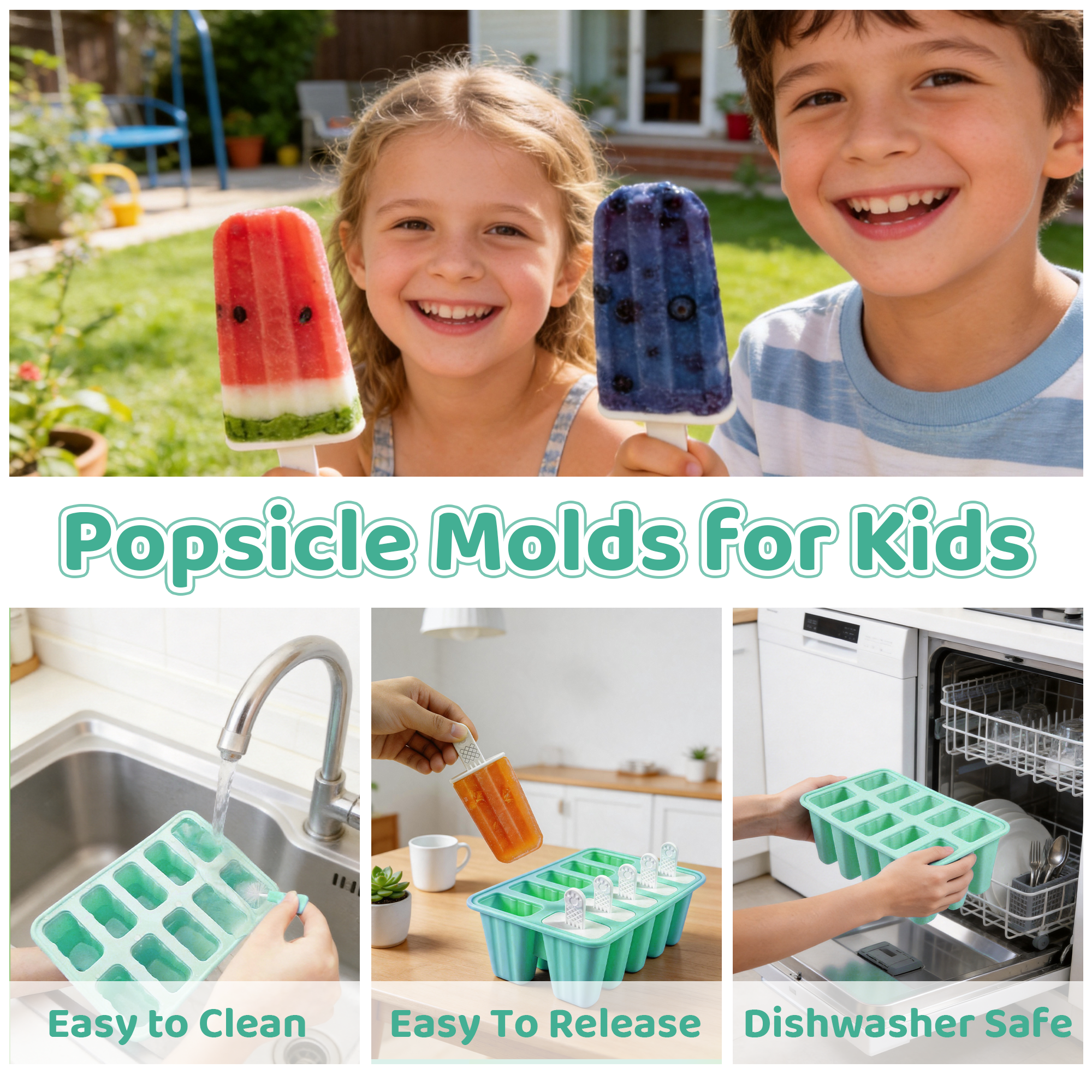 10-Cavity Silicone Popsicle Molds with Sticks, BPA-Free Reusable Ice Pop Molds, Easy Release & Dishwasher Safe Popsicle Maker for Kids Adults, Summer DIY Frozen Treat Mold
