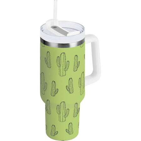 

40 oz Tumbler with Handle Lid and Straw Insulated Water Tumbler Stainless Steel Water Cup Mug Bottle Reusable Cup Holder Friendly Green Cactus