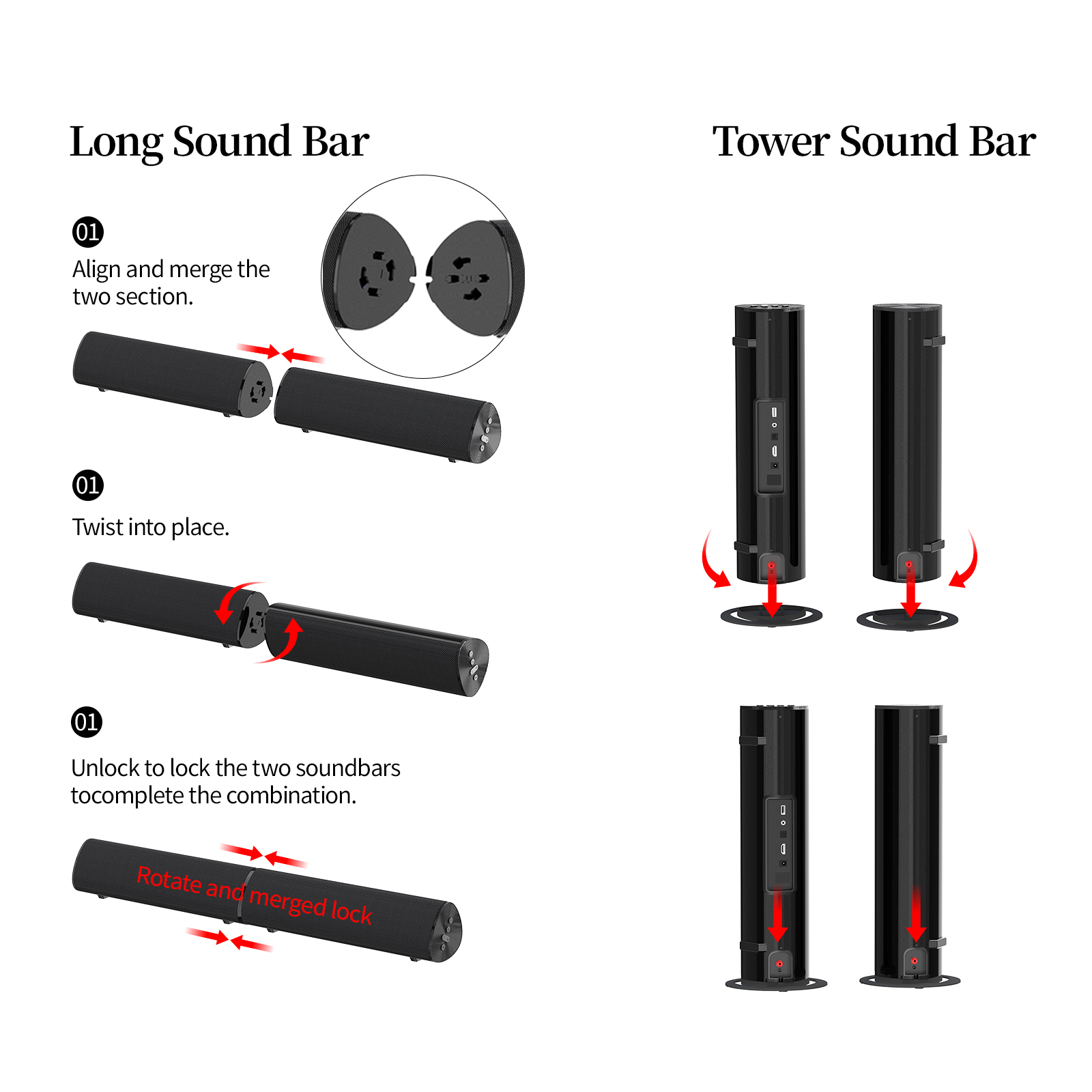 Barra de sonido Jierben para TV inteligente, desmontable 2 en 1, sistema de cine en casa con 3 modos de ecualización, conexión Bluetooth 5.4/HDMI-ARC/Óptico/AUX para PC/Juegos/Proyectores 4